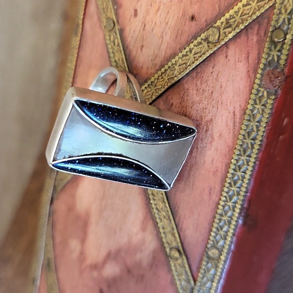 Vintage Blue Sunstone & Taupe Resin Inlay 825 Silver Ring, Size 6 - Picture 1 of 9
